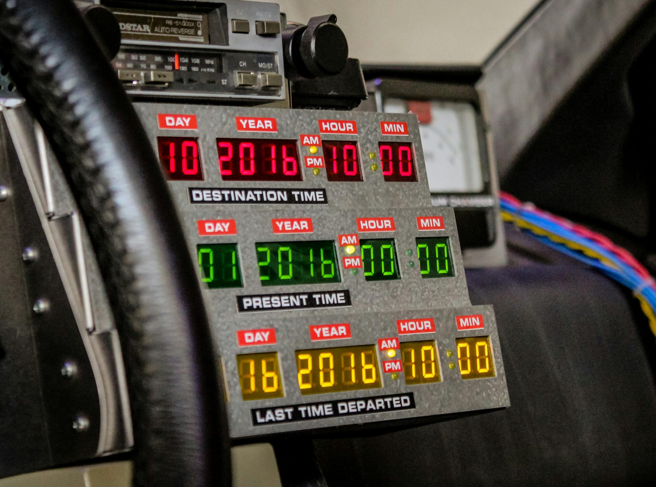 Intricate time travel dashboard with colorful digital displays in a vintage car interior.