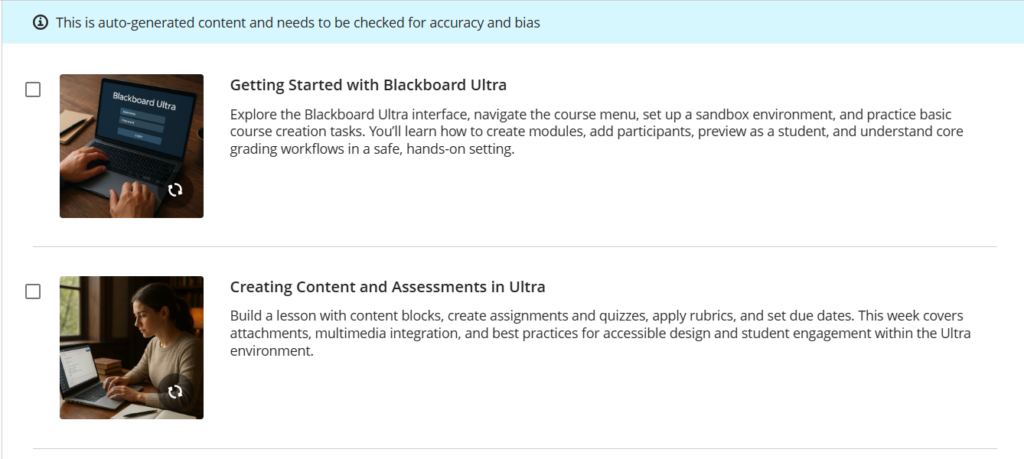 Screenshot of an online course interface showing two course options: Getting Started with Blackboard Ultra and Creating Content and Assessments in Ultra, each with a brief description and a checkbox to select.
