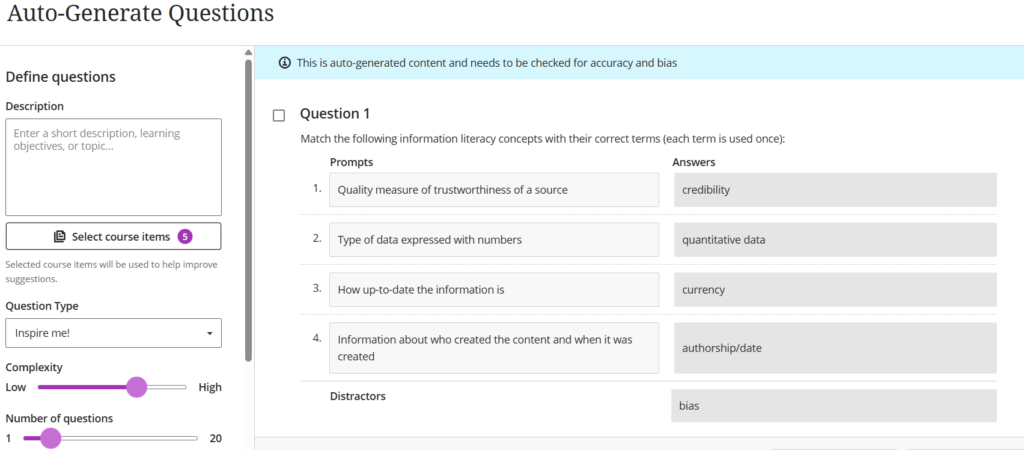 Screenshot of an auto-generate questions tool. It shows a matching question where prompts such as Quality measure of trustworthiness of a source must be matched with answers like credibility. Complexity and amount sliders are visible.