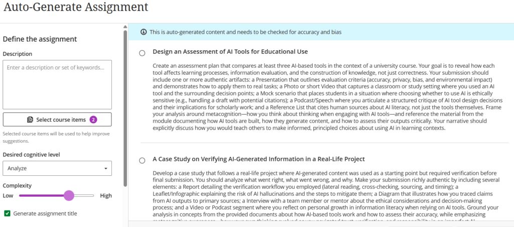 Screenshot of an “Auto-Generate Assignment” tool. On the right, two auto-generated assignment prompts are shown: one on assessing AI tools for educational use and the other on verifying AI-generated information in a real-life project.