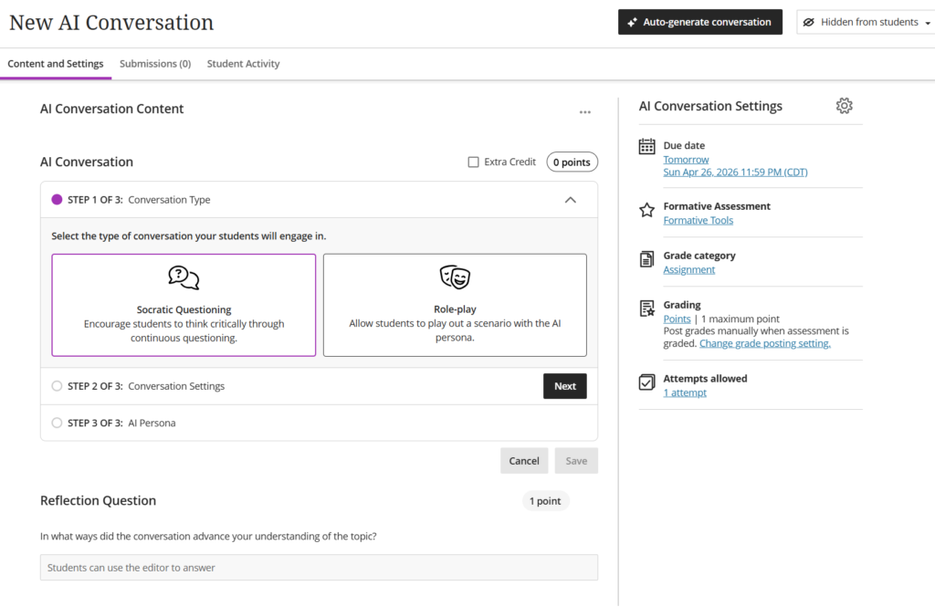 Screenshot of an online education platform showing the setup for a new AI conversation assignment. Socratic Questioning and Role-play are available options. Various settings and grading details appear on the right.